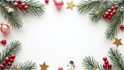 Christmas decoration frame made of tree branches, red berries, r little stars on a white background with copy space. Top view