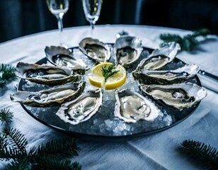 Freshly shucked raw oysters served on a bed of crushed ice with a slice of lemon, paired with champagne for a luxurious celebration