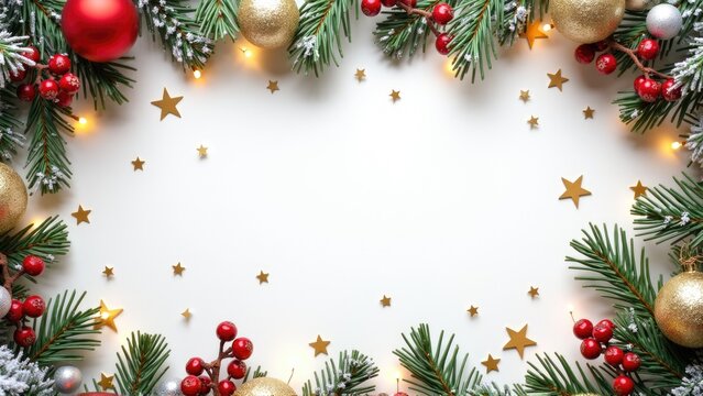 Christmas decoration frame featuring gold tree branches, berries, snow, and little stars on white background, sophisticated festive copy space