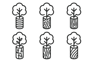 Botanical Pipes Icons. Line style icons of reproduced tree tubes in prints: parallel lines, botanical pipes, carved bark, printed