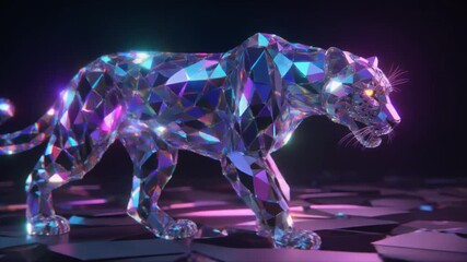 Crystalline Panther Sculpture Glowing with Neon Pink and Blue Light big cat animal - Powered by Adobe