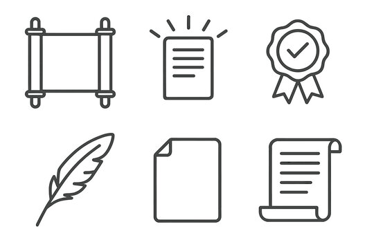 Parchment Icon Set. Line style icons of leading parchment of realism: open scroll, radiant page, truthful seal, guiding quill,