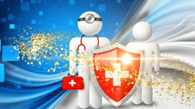 Medical doctor figure with first aid kit and shield protecting patient, representing health care and medical insurance on a blue background