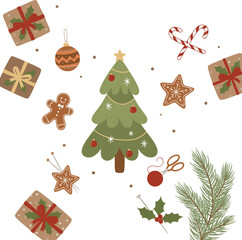 Christmas tree scene, holiday elements, festive decoration, gingerbread cookies, gifts, candy canes, cozy celebration, flat vector illustration
