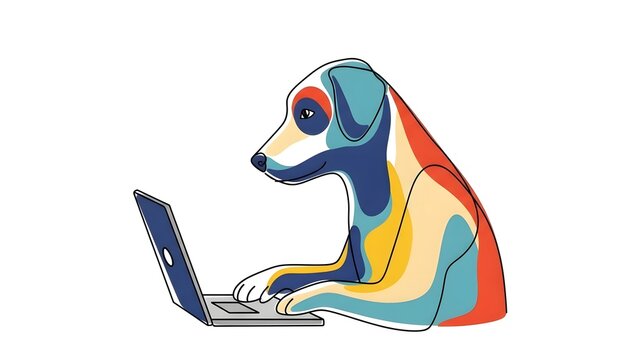 Colorful abstract dog working diligently on a laptop, embodying modern technology and creative expression
