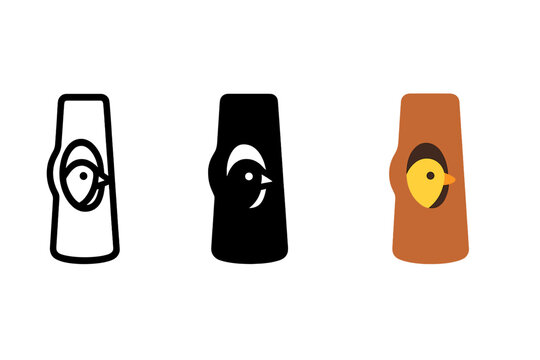 Bird Nest Icons. three minimal vector icons of a bird peeking from a tree cavity nest symbolizing a nature chronicle, line outline