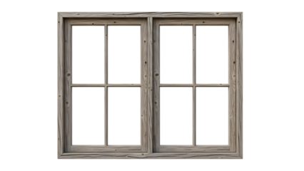Rustic wooden window frame with six panes and weathered texture isolated on a transparent background