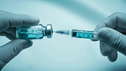 Medical professional in gloves preparing blue liquid medicine with syringe from vial, vaccine preparation for healthcare treatment - Powered by Adobe