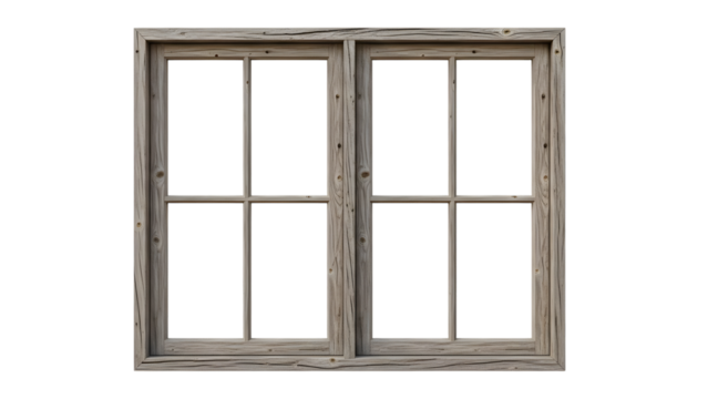 Rustic wooden window frame with six panes and weathered texture isolated on a transparent background - Powered by Adobe