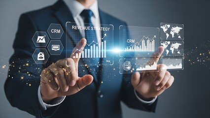 Businessman interacts with digital revenue strategy interface for data analysis and global market insights using modern technology and crm tools