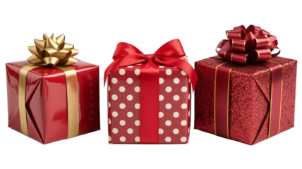 Three Assorted Red Christmas Gift Boxes with Gold and Red Ribbons and Bows Isolated on a White Background for Holiday Shopping