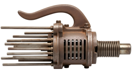 Rusty metal industrial mechanism with multiple rods and a coiled spring isolated on a transparent background