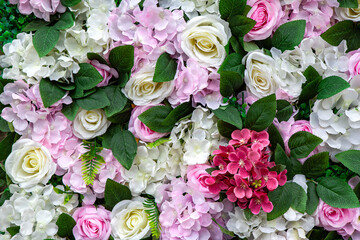 Close up of a multicolored artificial floral carpet