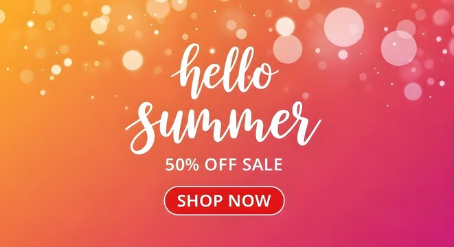 Hello summer 50 percent off sale announcement with shop now button