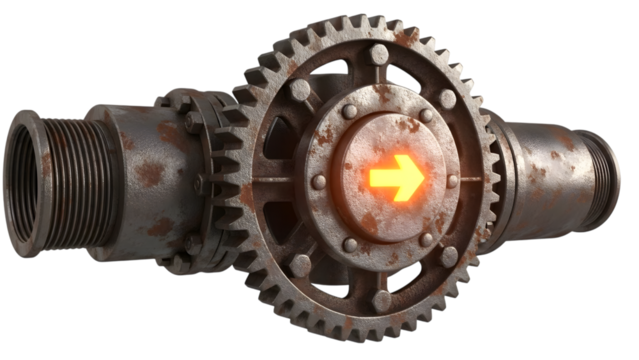 Rusty steampunk mechanical pipe with glowing orange arrow indicator isolated on a transparent background