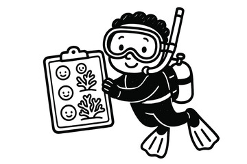Doodle Diver Milestones. Cute doodle diver holding a slate with milestones of coral recovery marked by smiling icons, hopeful