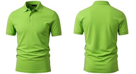 Front and back view of a vibrant green shortsleeved polo shirt, perfect for casual wear or sports, isolated on white background