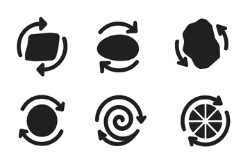 Rotating Stone Icons. Solid style icons of rotating stone symbols: turning stone, pivoting pebble, rotating rock, spinning stone,
