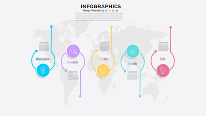 Timeline infographic template for 5 steps process, business development, marketing, workflow, or growth presentation on a global map background.