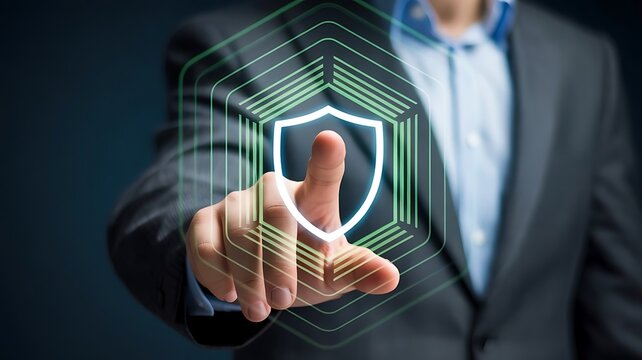 Business Professional Activating Green Shield Icon on Futuristic Digital Interface for Cybersecurity and Data Protection