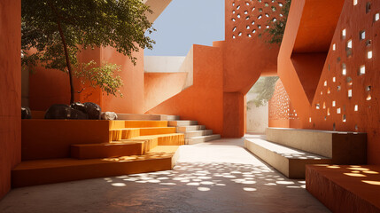 A heat-resistant terracotta micro-plaza with shading structures and reflective cooling materials. Small urban micro-plaza with terracotta cooling blocks, shading structures, reflective mineral surface