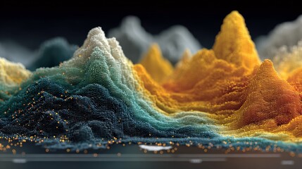 Stunning abstract visualization featuring glowing data points forming colorful digital peaks and valleys