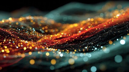 Energetic shimmering particles forming graceful abstract waves of light and digital movement