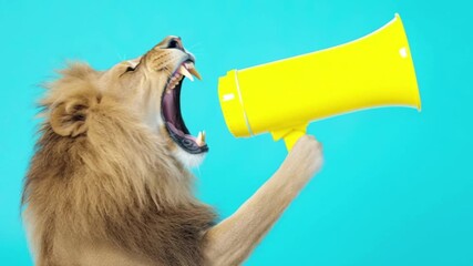 Lion roaring loudly into bright yellow megaphone creating powerful communication metaphor on vibrant blue background symbolizing leadership announcement motivation energy confidence voice strength exp