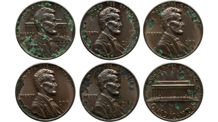 Six Lincoln pennies with verdigris patina showing Lincoln's profile and Lincoln Memorial isolated on a transparent background