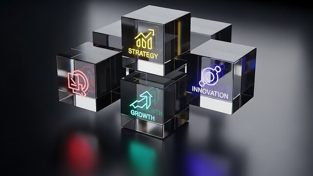 Strategy growth innovation and reduction icons on glass cubes representing business development and success in a modern and conceptual style for corporate use