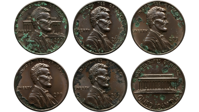 Six Lincoln pennies with verdigris patina showing Lincoln's profile and Lincoln Memorial isolated on a transparent background