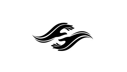 Stylized hands reaching for each other in black and white design.