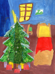 Christmas and New Year's gifts under the Christmas tree in the wooden house. Hand drawn Watercolor and Gouache painting