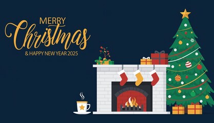 Charming Christmas and New Year greeting card illustration showcasing a cozy fireplace, beautifully decorated tree, and festive gifts, perfect for holiday season celebrations