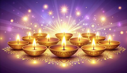 Luminous Diya oil lamps arranged in a radiant pattern for the Hindu festival of lights, Diwali, on a sparkling purple background