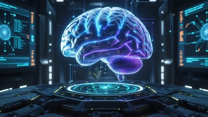 futuristic holographic brain glowing with neural pathways - Powered by Adobe