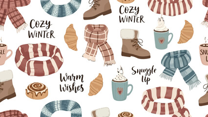 A seamless pattern of cozy winter essentials including knitted scarves, warm boots, hot cocoa mugs, croissants, and cinnamon rolls with comforting text phrases.