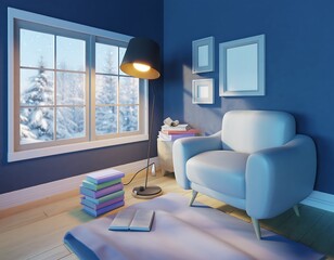 Peaceful winter evening scene in a cozy blue room with a soft armchair, warm lighting, and a view of a snowy forest