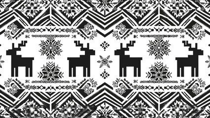 Black and white seamless Christmas pattern with stylized reindeer, snowflakes, and geometric Nordic folk art motifs.