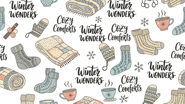 Seamless pattern with hand-drawn winter elements like knitted socks, mittens, blankets, and hot drinks, featuring 'Winter Wonders' and 'Cozy Comforts' text on a white background.