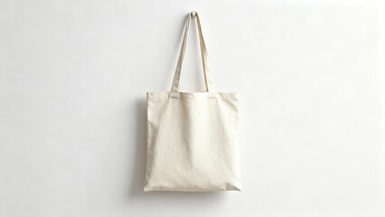 A blank cream or off-white canvas tote bag (mockup) is hanging on a plain white wall. It conveys simplicity, minimalism, an eco-friendly lifestyle, and a space for design.