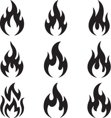 Collection of nine stylized black flame icons representing fire in a simple graphic design on a white background