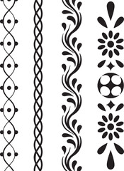Collection of four decorative black and white ornamental borders featuring intricate patterns and floral motifs for design elements