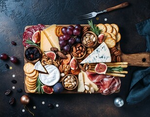A gourmet charcuterie board with a beautiful assortment of cheeses, cured meats, fresh fruits, and nuts, perfect for a festive party appetizer