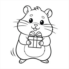 Adorable cartoon hamster holding a wrapped gift box with a bow