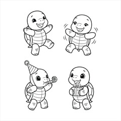 Four adorable cartoon baby turtles in different playful poses line art