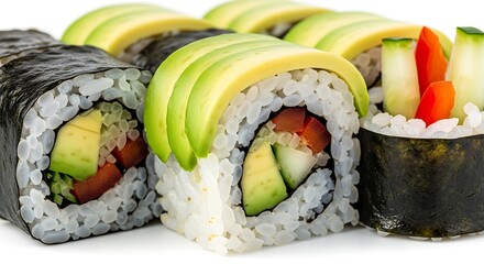 Delicious sushi rolls with avocado and fresh vegetables close up
