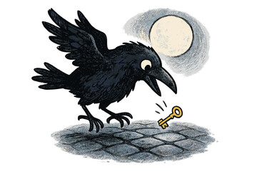 Fototapeta premium Raven's Golden Key. Friendly doodle raven dropping a small golden key onto cobblestones lit by moonlight, whimsical detective