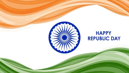 Happy republic day india with tricolor flag waves and ashoka chakra