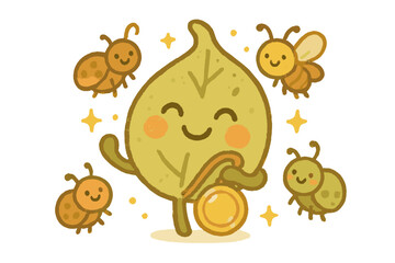 Fototapeta premium Medal-Winning Leaf. A cheerful leaf holding a shiny medal, tiny sparkles and smiling bugs around, cozy rounded doodle forms, gold